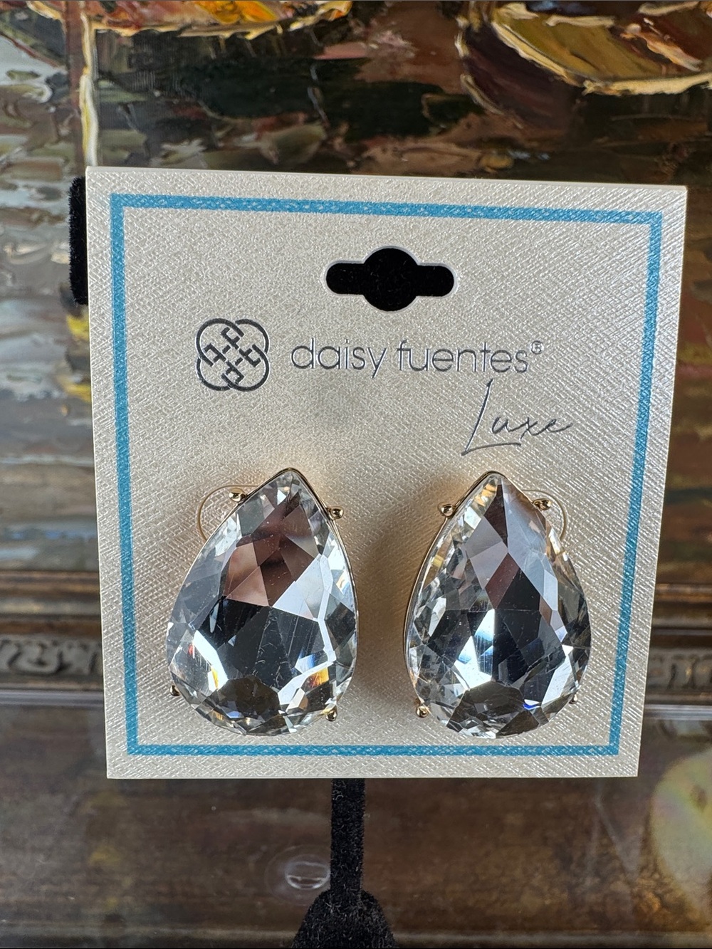 0516-Daisy Fuentes Clear Teardrop Crystal Clip-On Earrings‎ - Gold Tone